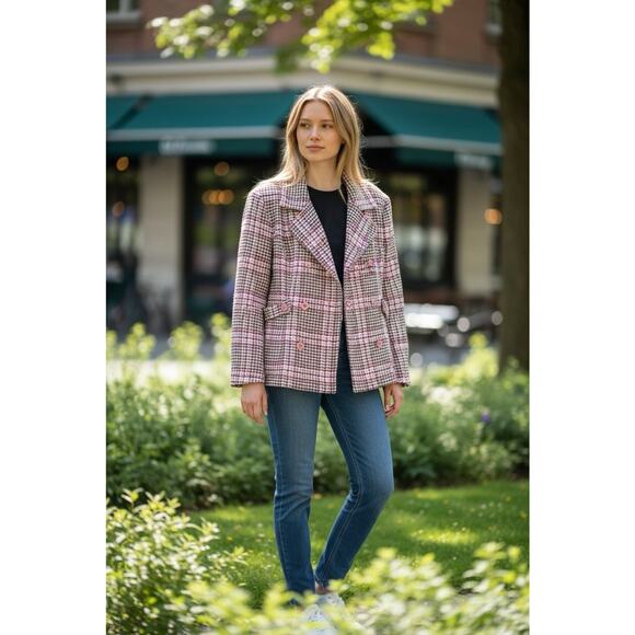 Pink Houndstooth Peacoat Jacket Women’s 14 Double Breasted Retro Y2K Mod - Picture 10 of 10